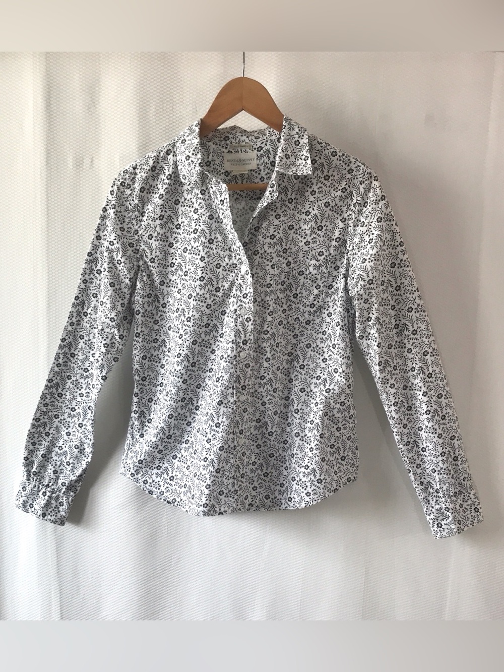 EUC Ralph Lauren Denim Tomboy Button Down Shirt 100% Cotton White Black Floral M